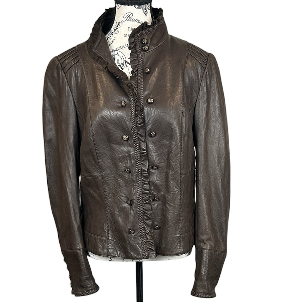 Danier leather jacket ruffle‎ front military style brown womens large READ